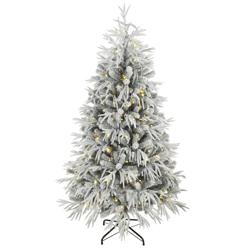 HOMCOM 6ft Prelit Flocked Christmas Tree, Artificial Norfolk Pine Downswept Hinged Xmas Tree with 250 LEDs, Green and White