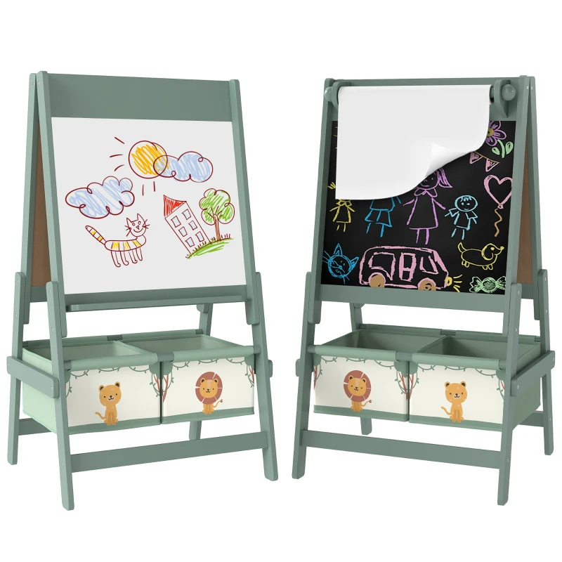 Qaba Art Easel for Kids, Double-Sided Whiteboard & Chalkboard with Paper Roll, Storage Baskets for Toddlers Ages 3-8, Green