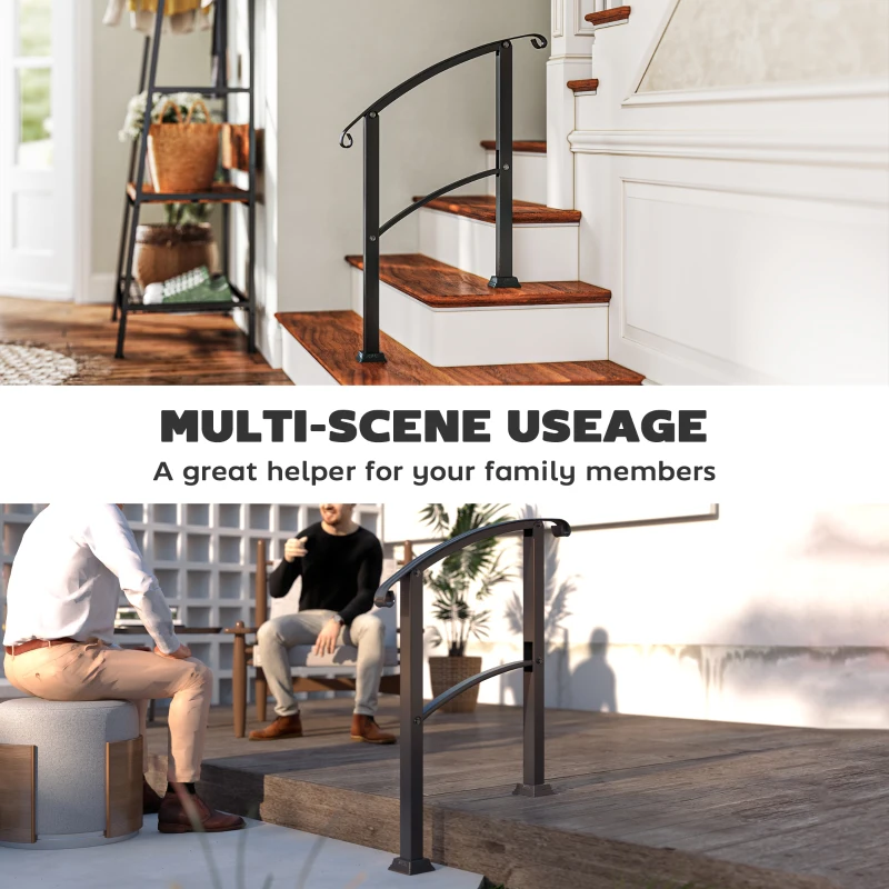 Outsunny 1-3 Step Metal Handrails for Outdoor Steps, Porch Deck Stair Railing with Installation Kit for Concrete Steps, Black