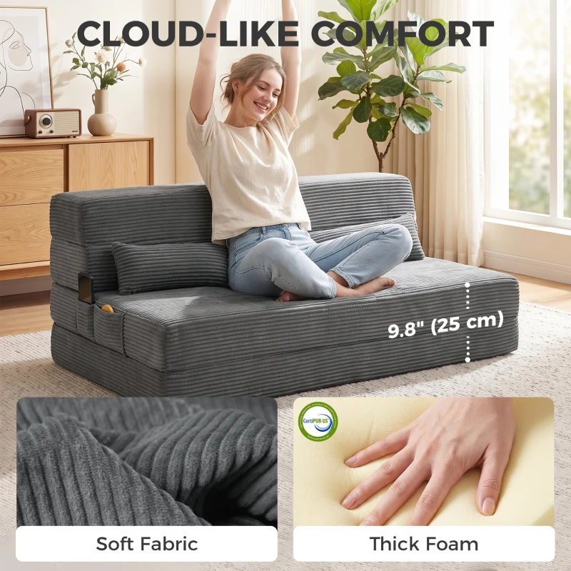 HOMCOM Floor Chair with Back Support Four-Fold Floor Gaming Chair Side Pockets Pillow Floor Seat Sofa Bed, Dark Grey