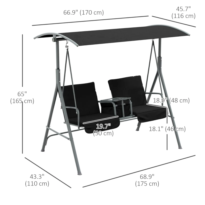 Outsunny 2-Seater Outdoor Porch Swing with Adjustable Canopy and Table, Patio Swing Chair for Garden, Poolside, Backyard, Black