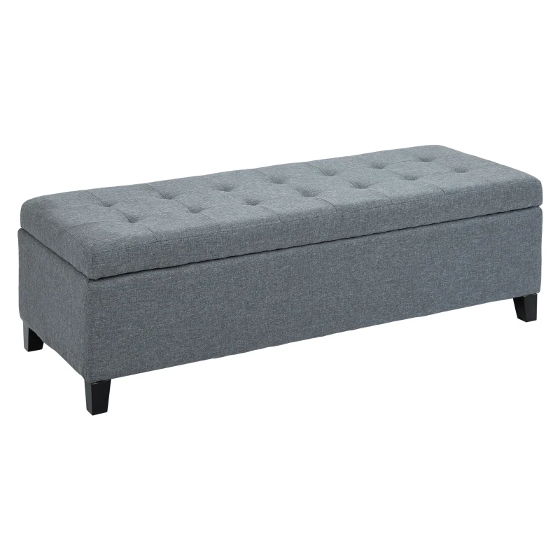 HOMCOM Rectangular Entry Bench, Tufted Upholstered Linen Fabric Wood Feet Storage Ottoman Bench, Grey