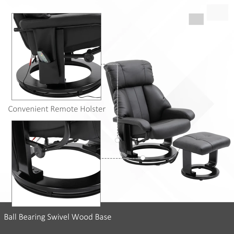 HOMCOM Massage Recliner Chair with Ottoman, 360° Swivel Recliner and Footstool, PU Leather Reclining Chair with Side Pocket and Remote Control, Black