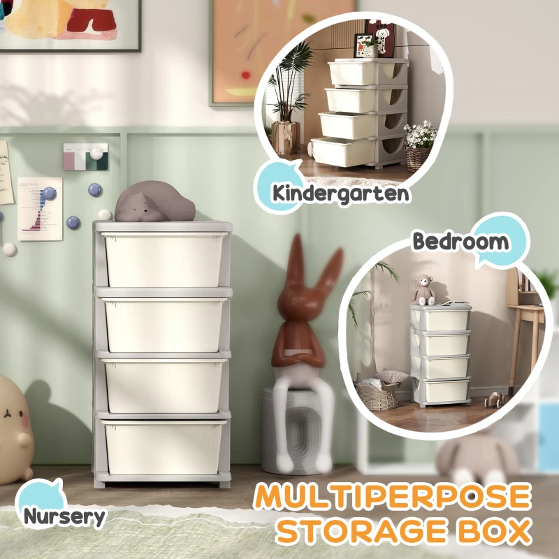 Qaba 4 Tier Kids Toy Organizer and Storage Bins with 4 Plastic Drawers, Cream White