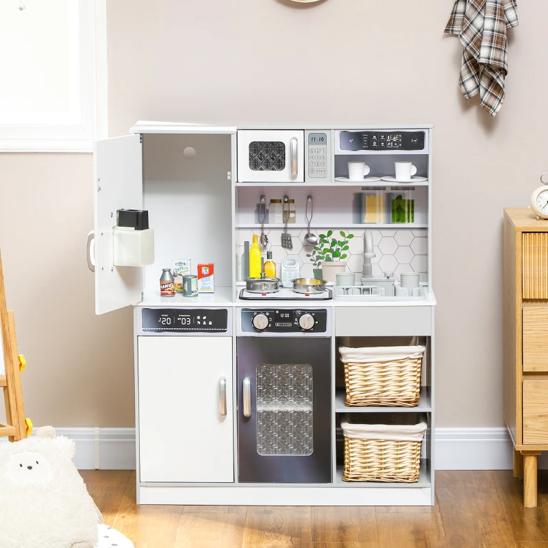 Qaba Play Kitchen, Kids Kitchen Playset w/ Lights, Sounds, Running Water, Coffee Machine, Ice Maker & Microwave for 3-8 Years