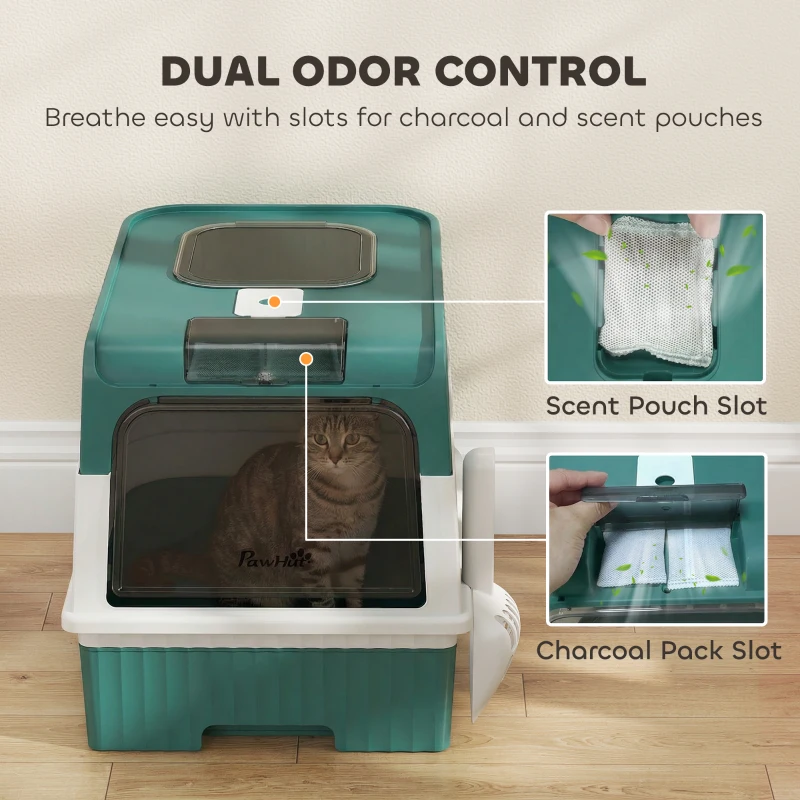 PawHut Cat Litter Box Hooded Cat Litter Tray with Drawer Pan Front Entry & Top Exit Easy Cleaning Teal