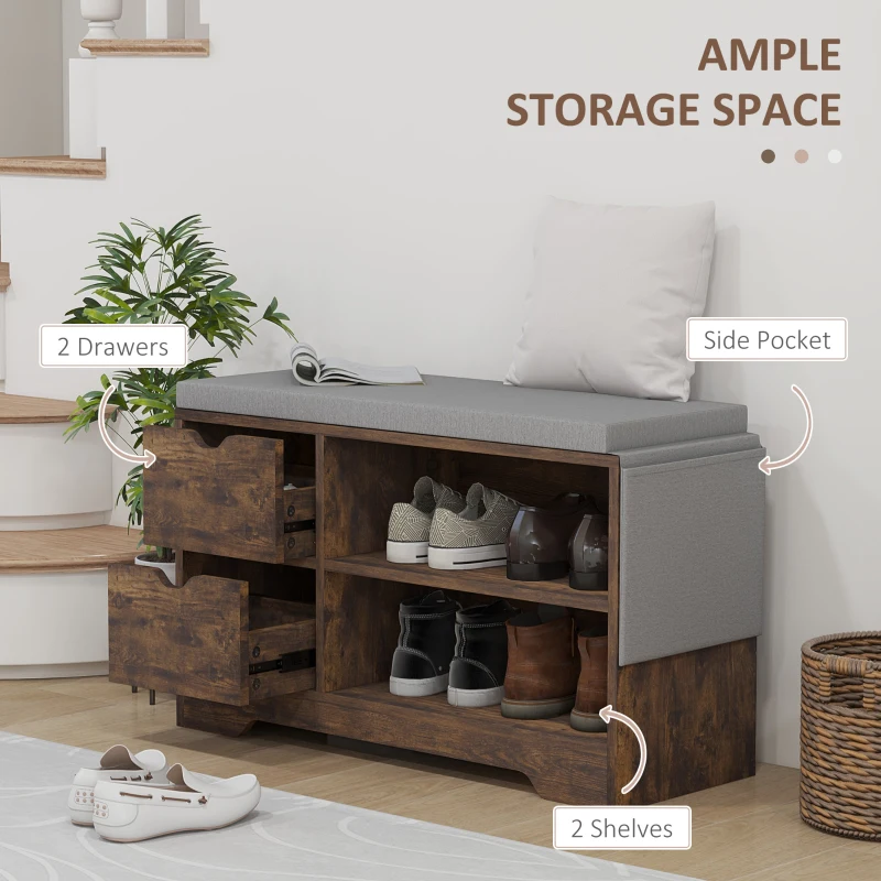 HOMCOM Upholstered Shoe Storage Bench w/ Seat, Entrance Bench w/ Drawer Open Shelves and Pocket for Hallway, Rustic Brown