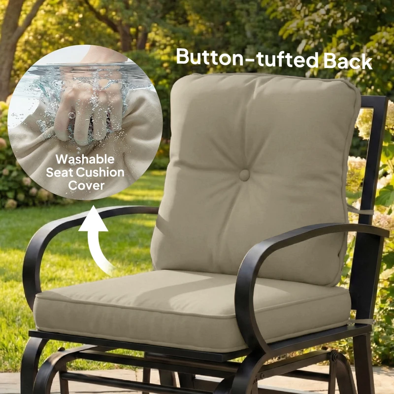 Outsunny Patio Glider, Outdoor Glider Chair with Cushions, Steel Frame, Curved Armrests, Beige