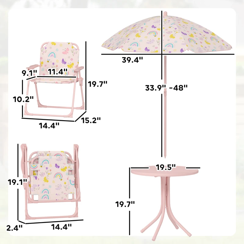 Qaba Kids Picnic Table and Chair Set, Outdoor Activity Table with Foldable Chairs, Removable Umbrella for Backyard, Pink