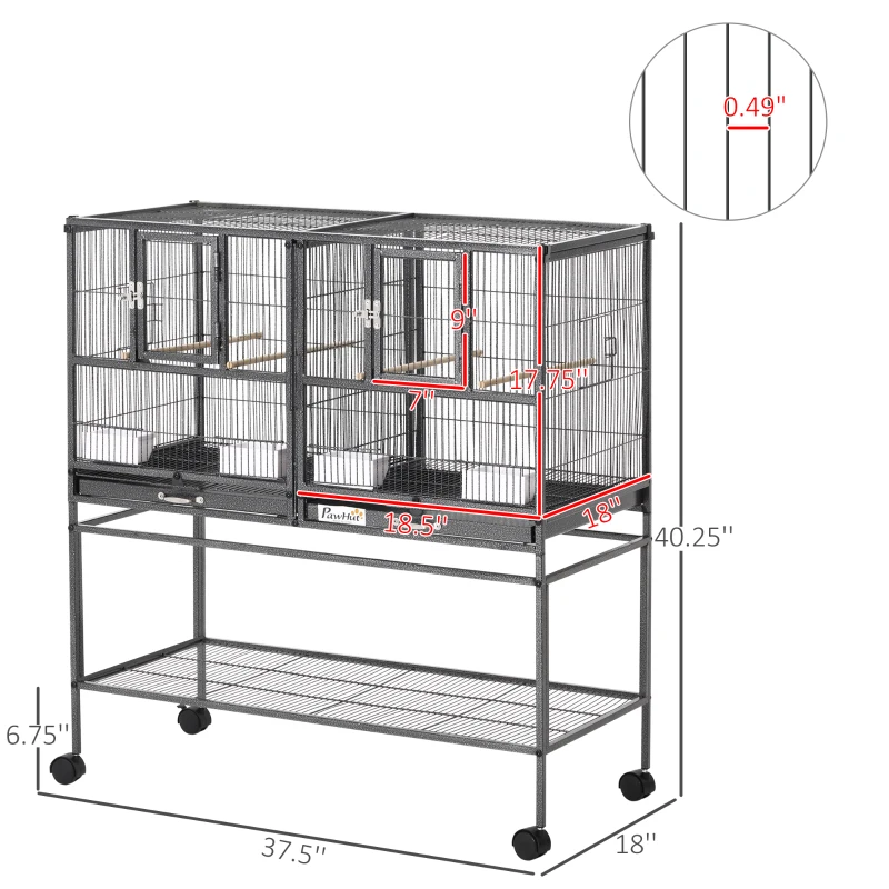 PawHut Divided Breeder Bird Cage with Rolling Stand Removable Metal Tray, Storage Shelf, Wood Perch, and Food Container