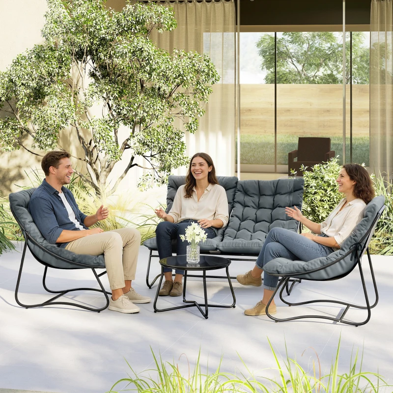 Outsunny 4 Piece Patio Furniture Set, Outdoor Furniture Conversation Set with Loveseat, Chairs Round Metal Table, Cushions, Grey