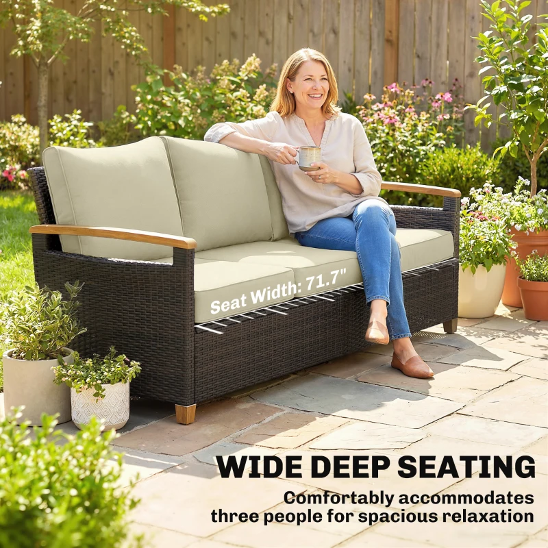 Outsunny 3 Seater Outdoor Couch Sofa, PE Wicker Patio Sofa, Wide Deep Seat, 4" Cushions, Wood-Effect Armrests Legs, Beige