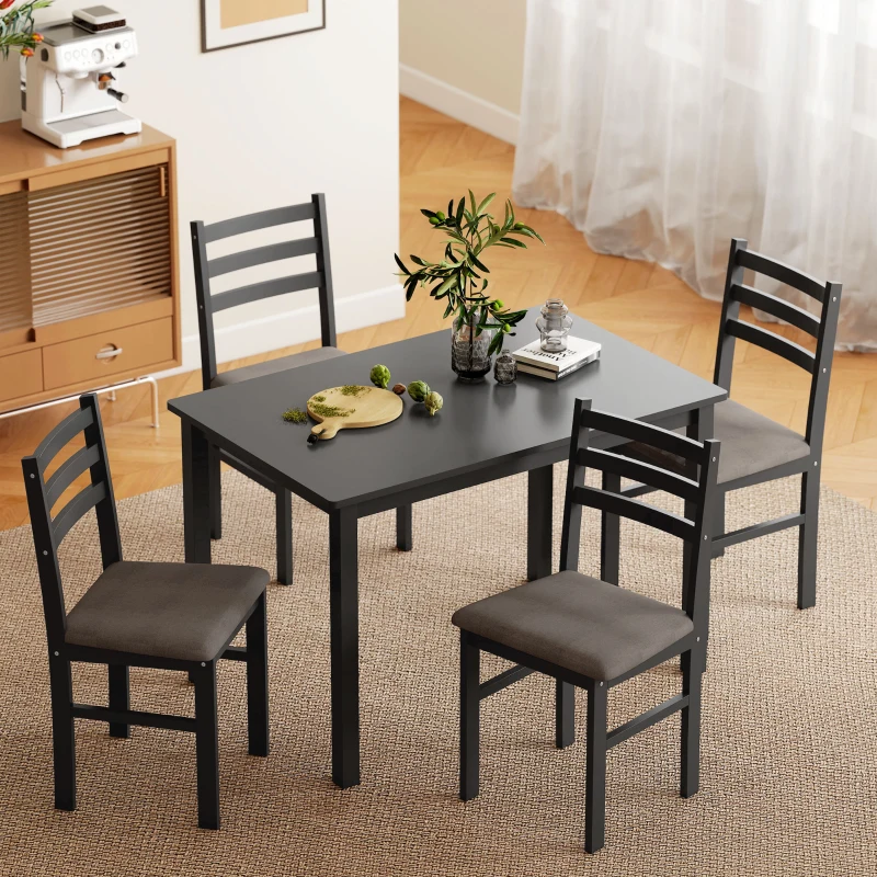 HOMCOM 5-Piece Small Kitchen Table Set for 4, Farmhouse Dining Table Set with Upholstered Chairs and Rubber Wood Legs, Black