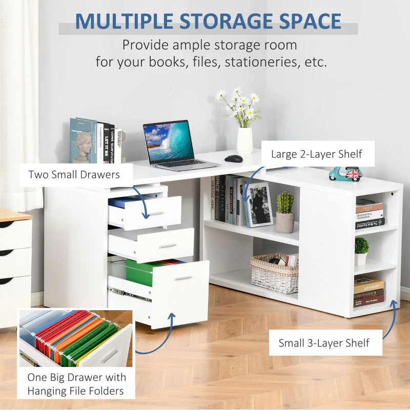 HOMCOM L-Shaped Computer Desk with Large Desktop, 3 Drawers and 5 Total Storage Shelves with Customized Assembly Options, White
