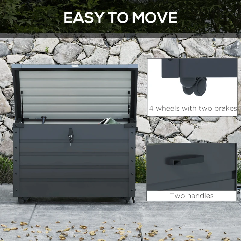 Outsunny 78 Gallon Garden Storage Box, Waterproof Outdoor Storage Container with Wheels and Handles, Dark Grey