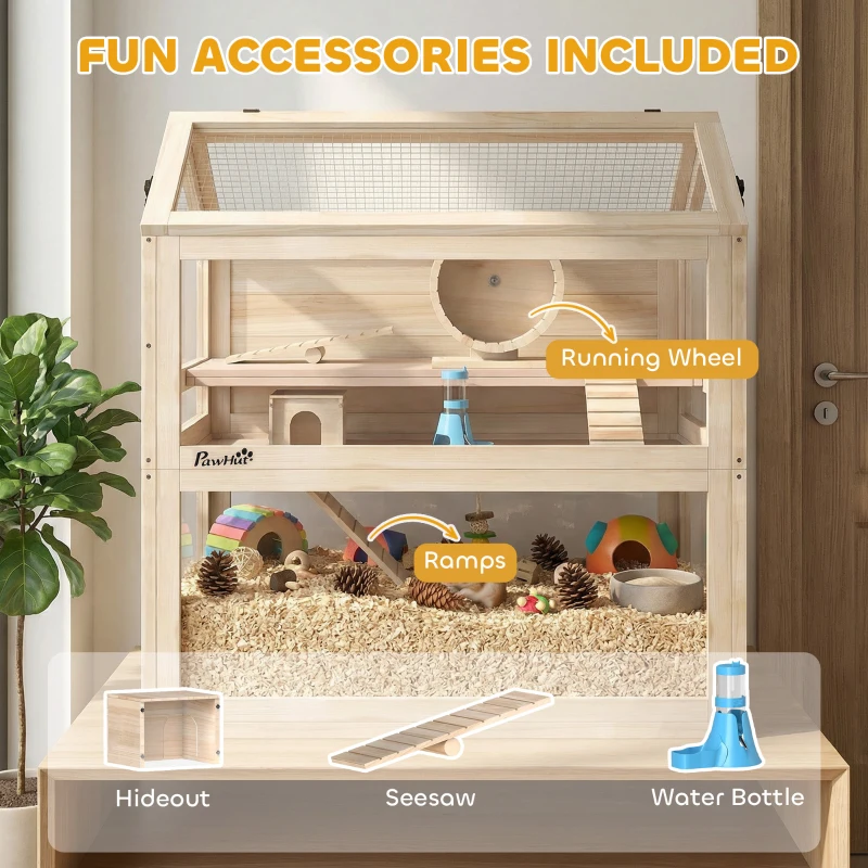 PawHut Wooden Hamster Cage, 3-Tier Small Animal Cage with Hut, Seesaw, Ramps, Exercise Wheel, Acrylic Panel and Bottom Tray