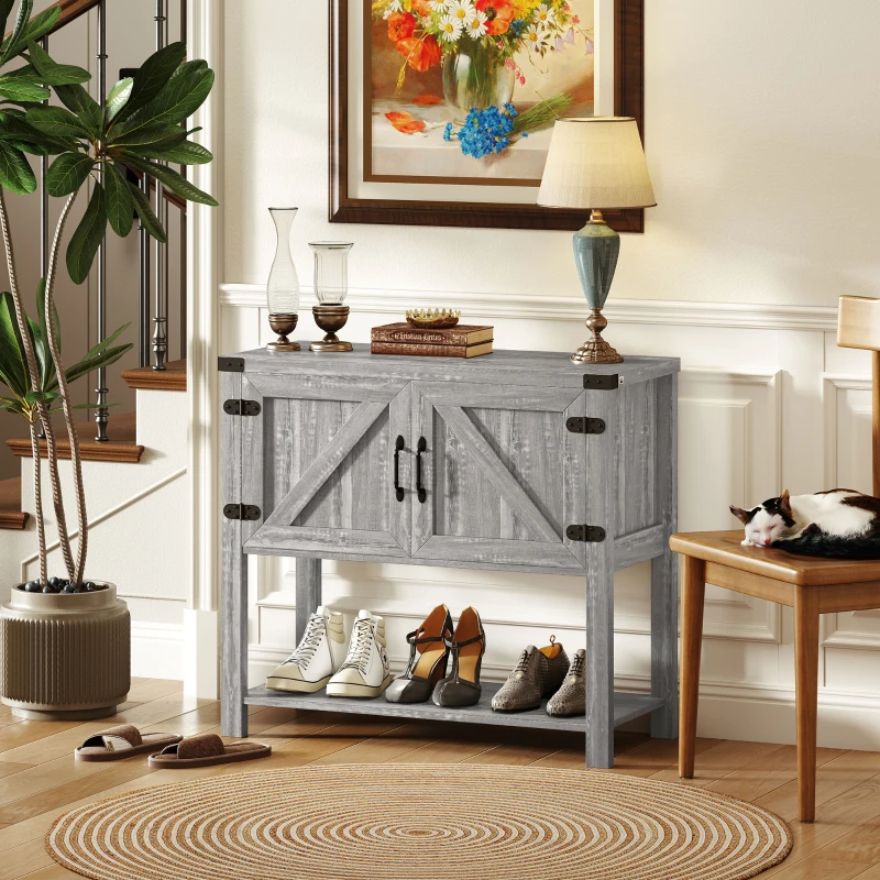 HOMCOM Farmhouse Double Door Coffee Bar Cabinet, Kitchen Cabinet with Bottom Shelf for Entryway, Living Room, Stone Gray