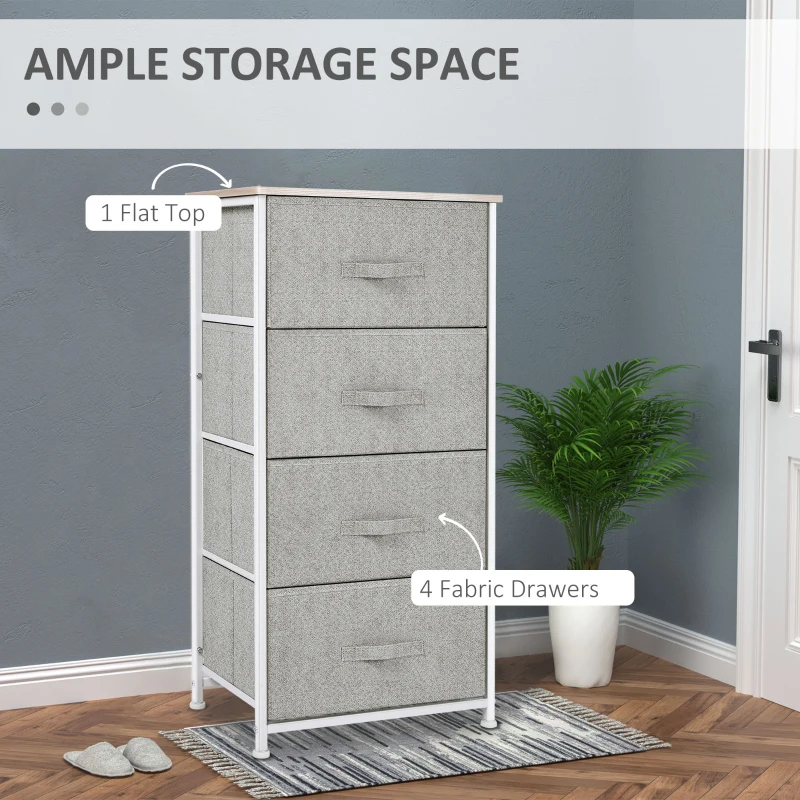 HOMCOM Linen Drawer Cabinet Organizer Storage Dresser Tower with 4 Removable Drawer Metal Frame Adjustable Feet for Living Room, Kitchen, Bathroom, White