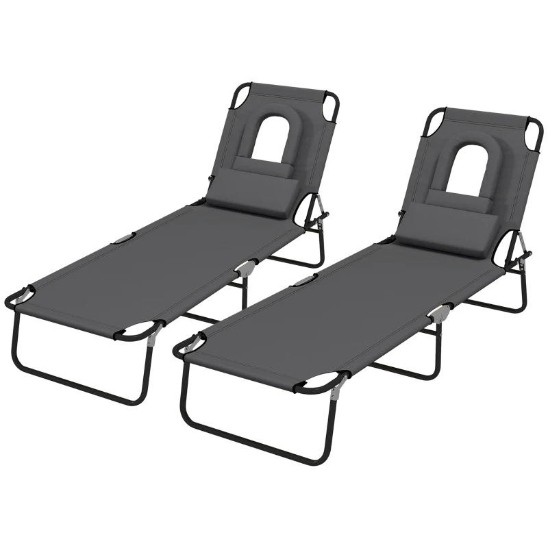 Outsunny Folding Lounge Chair Set of 2, Reclining Beach Tanning Chair with Face Hole, Pillow, 4-Position Adjustable Flat Sun Lounger, Steel Frame for Outdoor Patio Pool, Grey