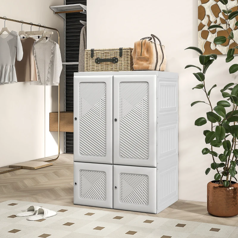 HOMCOM Portable Wardrobe, Foldable Clothes Storage Organizer with 3 Compartments, Hanging Rod, Magnet Doors, White