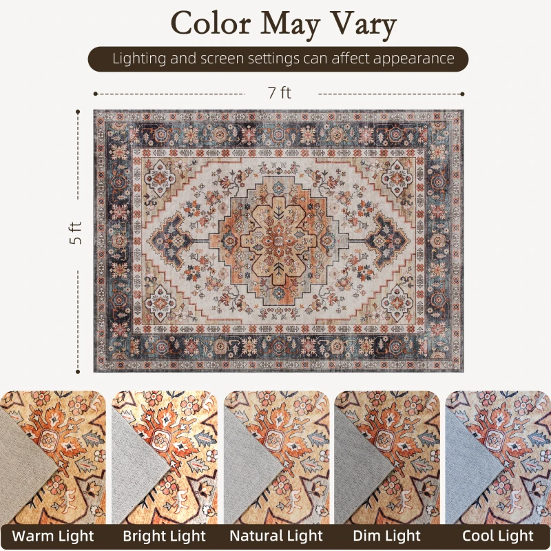 HOMCOM Area Rug 5x7, Machine Washable Rug, Non-Slip Boho Print Pattern Medallion Carpet for Living Room, Bedroom, Tawny Brown