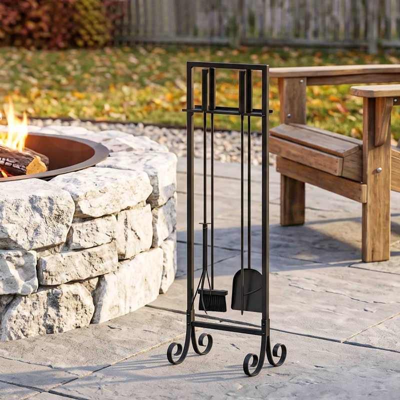 Outsunny Fireplace Tools Set 5 Pieces Metal Fire Place Kit with Brush, Shovel, Poker, A Pair of Tongs, Stand, Black