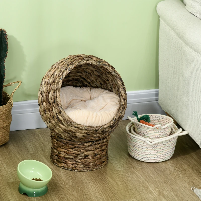 PawHut Handwoven Elevated Cat Bed with Soft Cushion & Egg Chair Shape, Basket Bed Kitty House with Stand, Raised Wicker House for Indoor Cats, 20" H, Gray
