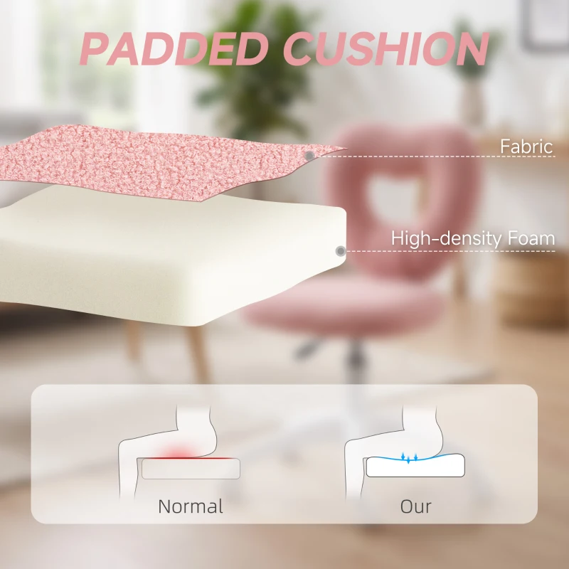 HOMCOM Armless Computer Desk Chair, Office Task Chair, Teddy Fleece Heart Makeup Vanity Chair with Swivel Wheels, Pink