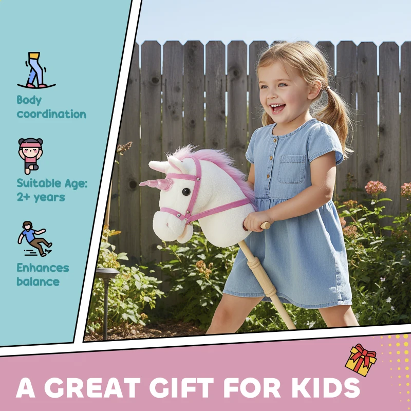 Qaba Unicorn Stick Horse, Plush Hobby Horse with Wood Wheels, Real Pony Neighing and Galloping Sounds, for Kids, White