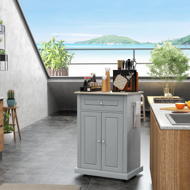 HOMCOM Rolling Kitchen Island Cart, Portable Serving Trolley Table with Drawer, Adjustable Shelf and 2 Towel Racks, Grey