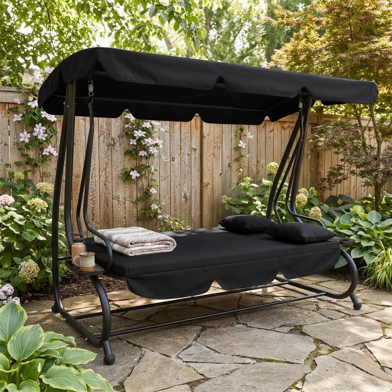 Outsunny 3-Seat Outdoor Patio Swing Chair, Converting Flatbed, Outdoor Swing Glider with Adjustable Canopy, Black