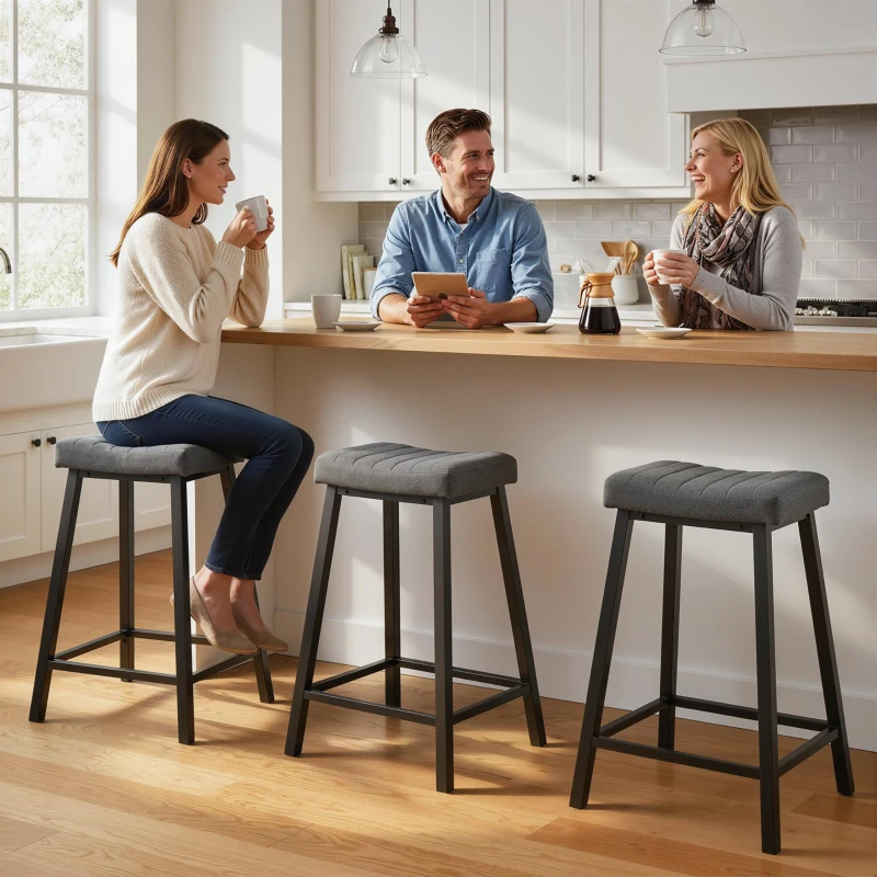 HOMCOM Set of 3 Bar Stools, Velvet Upholstered Counter Stools with Curved Seat and Footrest for Kitchen Island, Grey