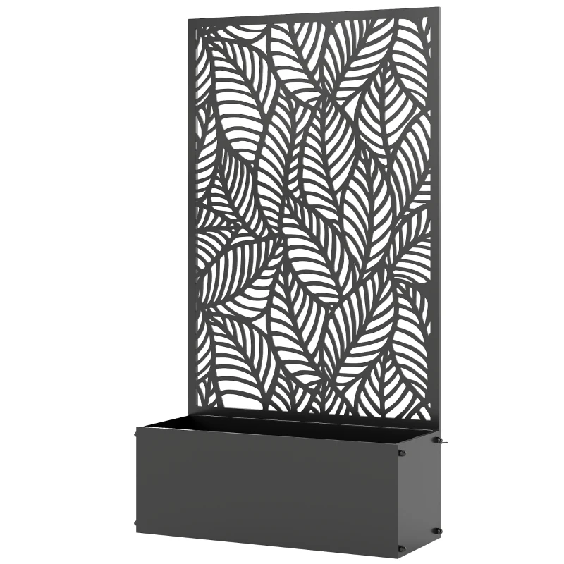 Outsunny Metal Planter Box with Trellis, 44.5" Raised Garden Bed with Trellis Privacy Screen for Climbing Plants, Leaves Cut-Out