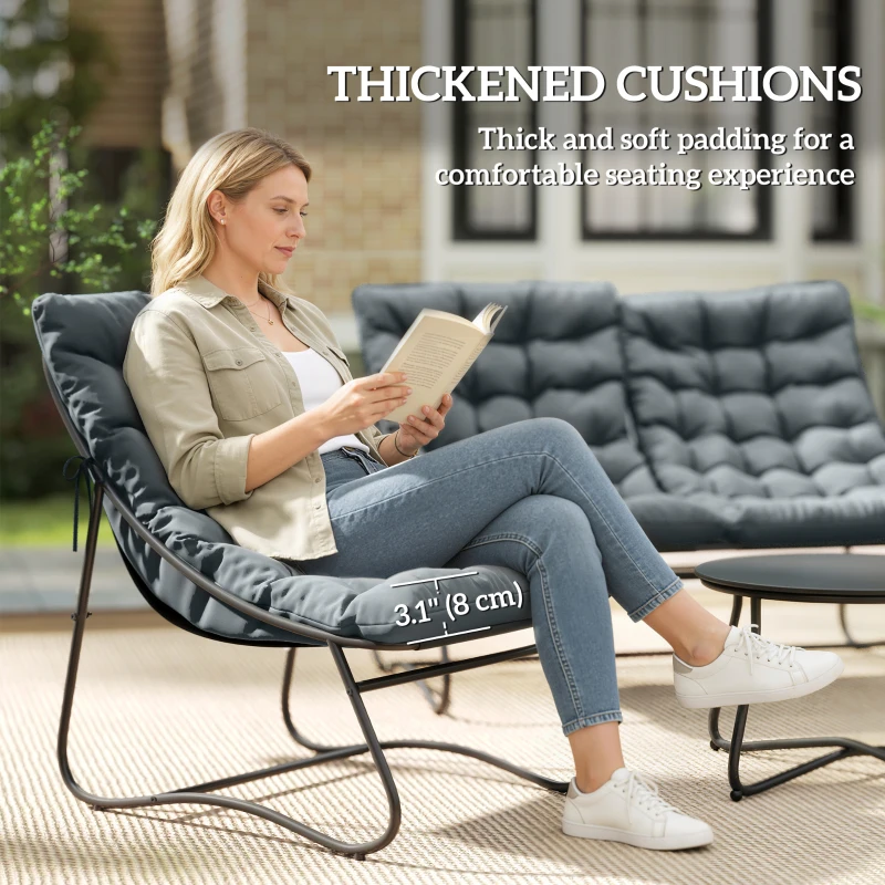 Outsunny 4 Piece Patio Furniture Set, Outdoor Furniture Conversation Set with Loveseat, Chairs Round Metal Table, Cushions, Grey