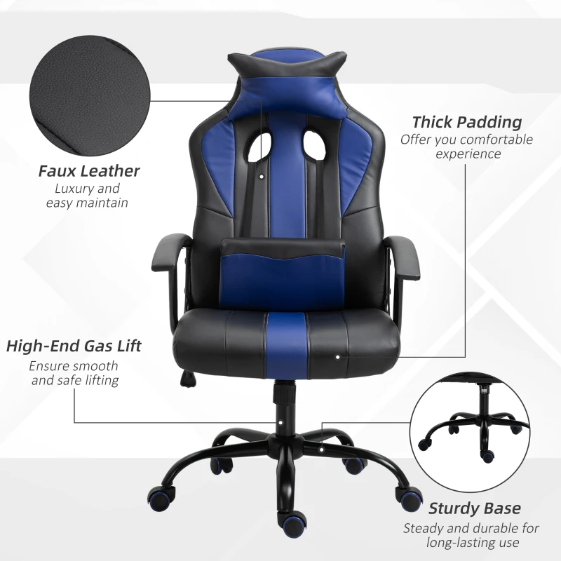 Vinsetto Office Chair High Back Racing Style Gaming Chair Adjustable PU Leather Swivel Computer Task Seat with Lumbar Support and Pillow Blue