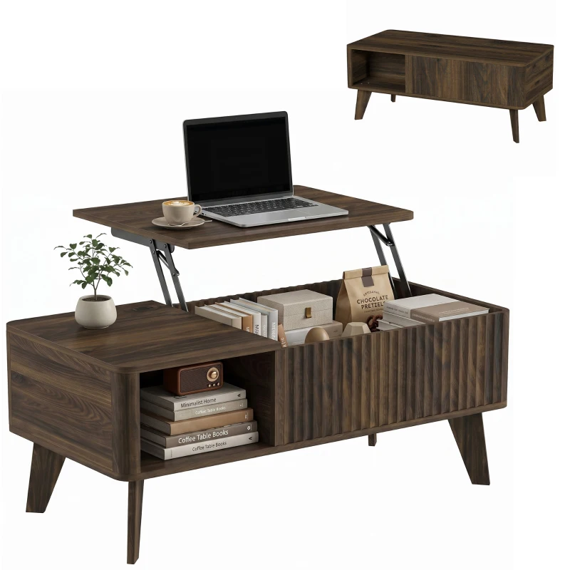 HOMCOM 40" Fluted Lift Top Coffee Table with Storage, Mid-Century Coffee Table with Hidden Compartment, Open Shelf, Walnut