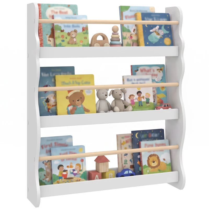 Qaba 3-Tier Kids Bookshelf Wall Mounted, Floating Children's Bookcase for Playroom, Living Room, for 3-8 Years, White