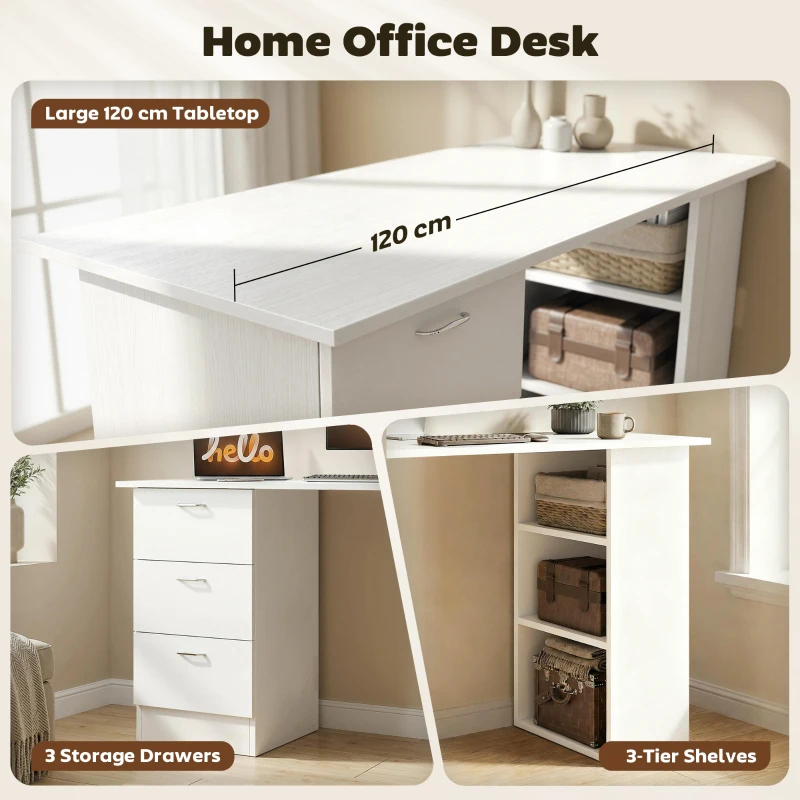 HOMCOM Computer Desk, 47" Writing Table with 3-Tier Shelves and 3 Reversible Drawers for Home Office, Bedroom, White