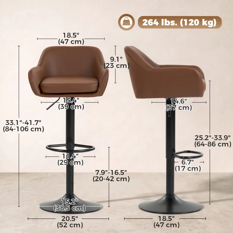 HOMCOM Bar Stools PU Leather Adjustable Swivel Barstools Backrest Counter Chairs Set of 2 Brown