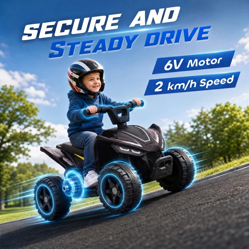 Qaba 6V Kids ATV, 4 Wheels Kids Quad with Button Control, 45Mins Runtime, Max 1.2MPH, Max 55lbs Load for 18-48 M, Black