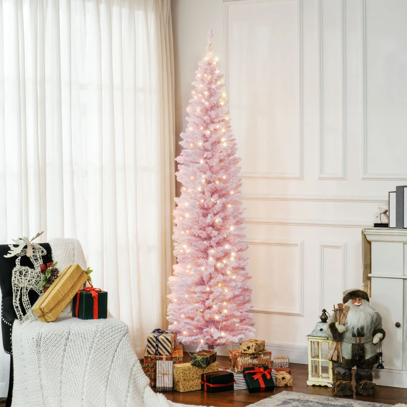 HOMCOM 7ft Pencil Christmas Tree, Slim Artificial Christmas Tree with Snow Flocked Branches and Warm White LED Lights, Pink