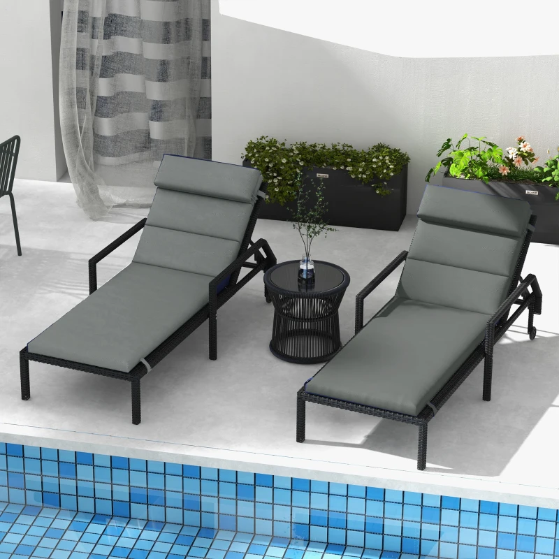 Outsunny Patio Chaise Lounge Chair Cushions Replacement Sun Lounger Pads with Headrest and Ties, Set of 2, Grey