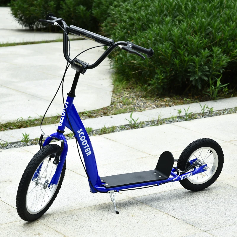 Aosom Youth Scooter Kick Scooter for Kids 5+ with Adjustable Handlebar 16" Front and 12" Rear Dual Brakes Inflatable Wheels, Blue