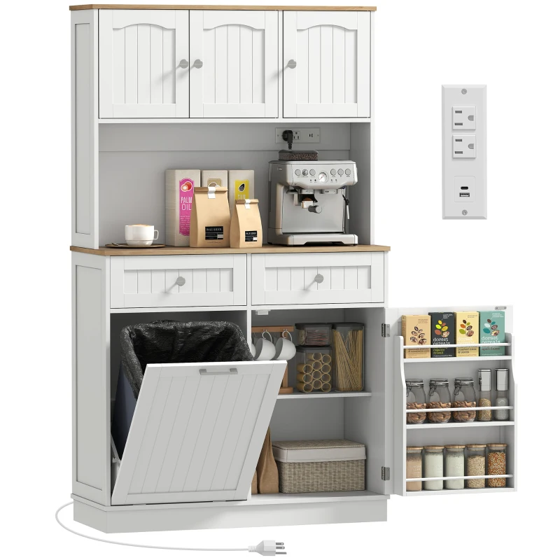 HOMCOM 68" Pantry Cabinet with Charging Station, Storage Cabinet with Microwave Stand, 10 Gallon Trash Can Cabinet, White