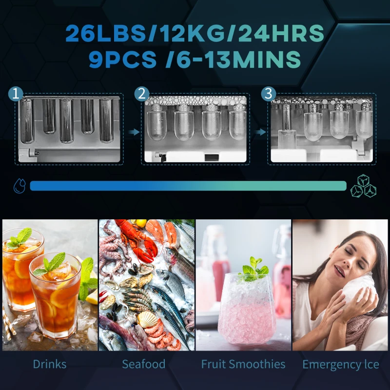 HOMCOM Portable Ice Maker, Self Cleaning Ice Machine with 9 Ice Cubes Ready in 6 Mins, 26lbs/24Hrs, 2 Sizes of Bullet Ice