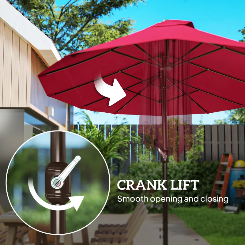 Outsunny 15' Outdoor Patio Umbrella with Twin Canopy Sunshade Steel Table Umbrella w/ Lift Crank, Cross Base, Sandbag, Wine Red