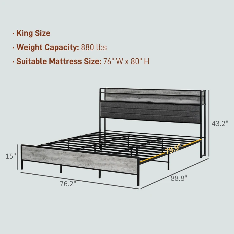 HOMCOM King Bed Frame with Storage Upholstered Headboard, King Size Bed Frame with LED Lights, Charging Station, Cement Gray