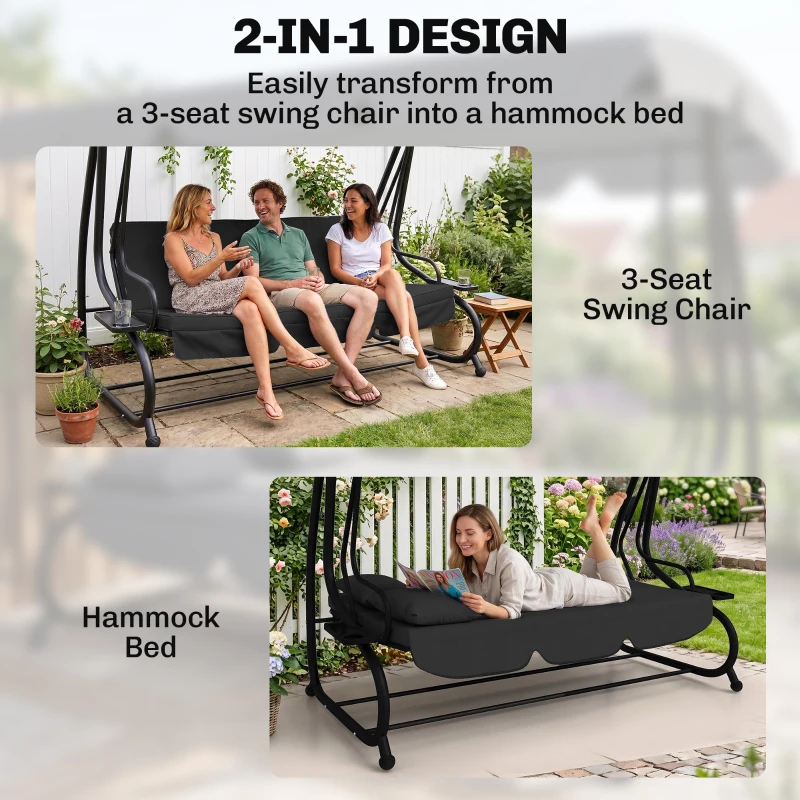 Outsunny 3-Seat Outdoor Patio Swing Chair, Converting Flatbed, Outdoor Swing Glider with Adjustable Canopy, Black