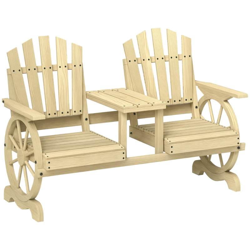 Outsunny 2-Seat Wooden Garden Bench with Table, Umbrella Hole, High Backrest, Armrests for Backyard, Patio, Garden, Natural Wood
