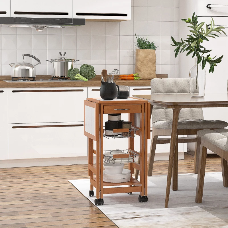 HOMCOM 37" Modern Wooden Kitchen Island with Drop Leaf, Rolling Cart With Basket Storage